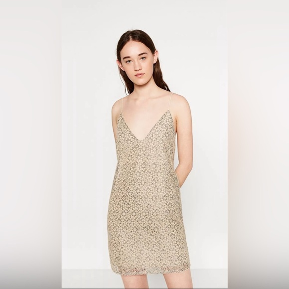 Zara Sz Med Slip Dress Beige Gray (Grey) Crochet Floral Low Back Mini Vneck - Picture 3 of 10